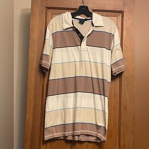 Vintage Burnside Men’s Brown and White Striped Polo Size Large